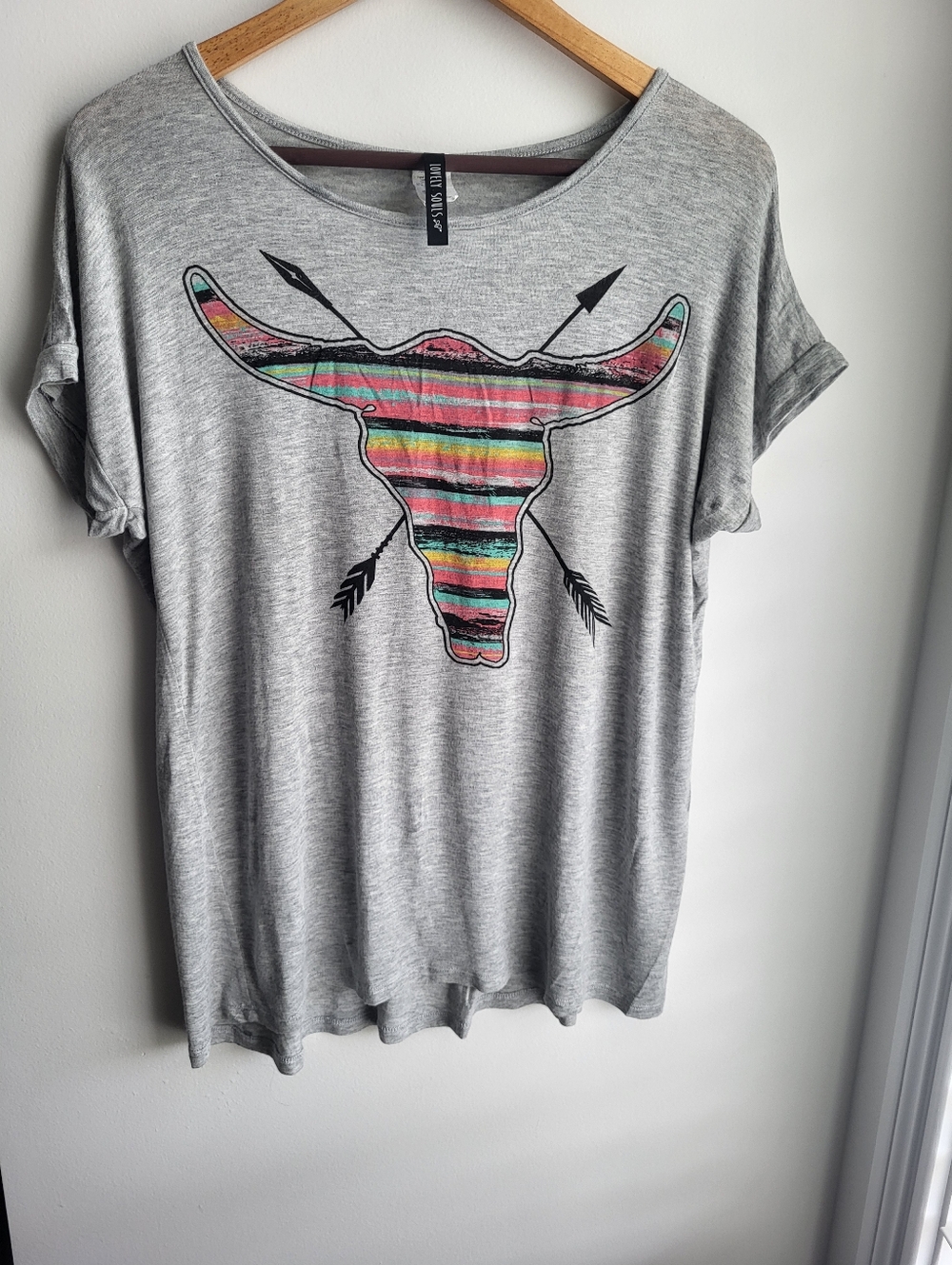 Lovely Souls Gray Short Sleeve Tee with Colorful Bull Graphic